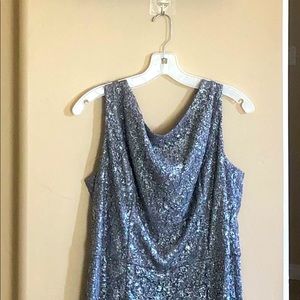 Formal maxi Dress in gray and silver with embellished cape size 18